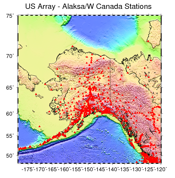 Plot of all 734 stations from the US Array in Alaska and Wstern Canada